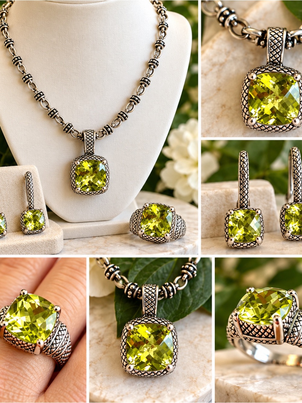 Silpada Bright Lime Green Cushion-Cut Necklace, Earrings & Ring Set